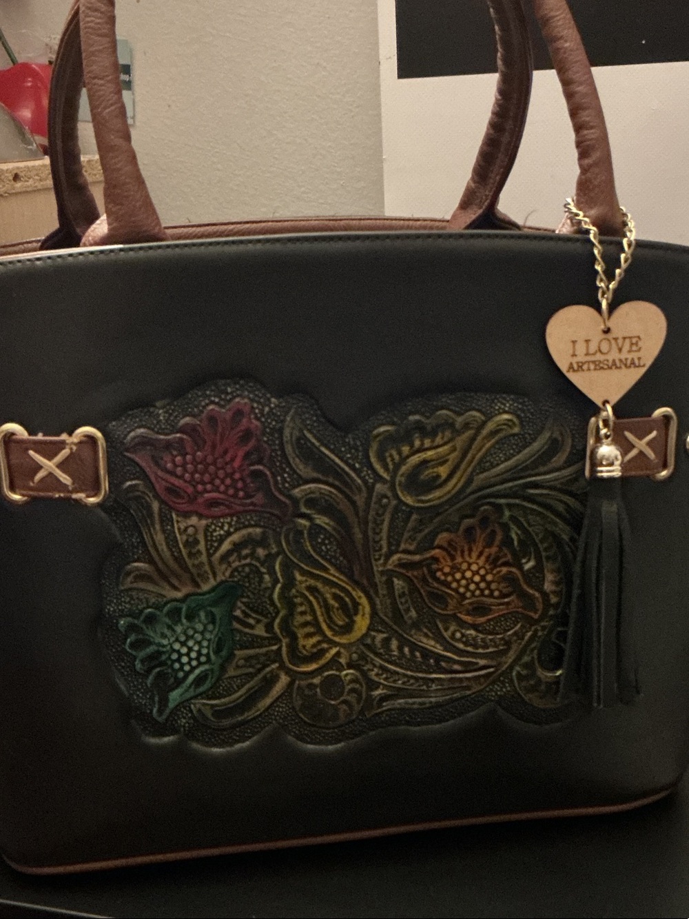 Artisanal Floral Embossed Tote Bag - Black and Multicolor Accents